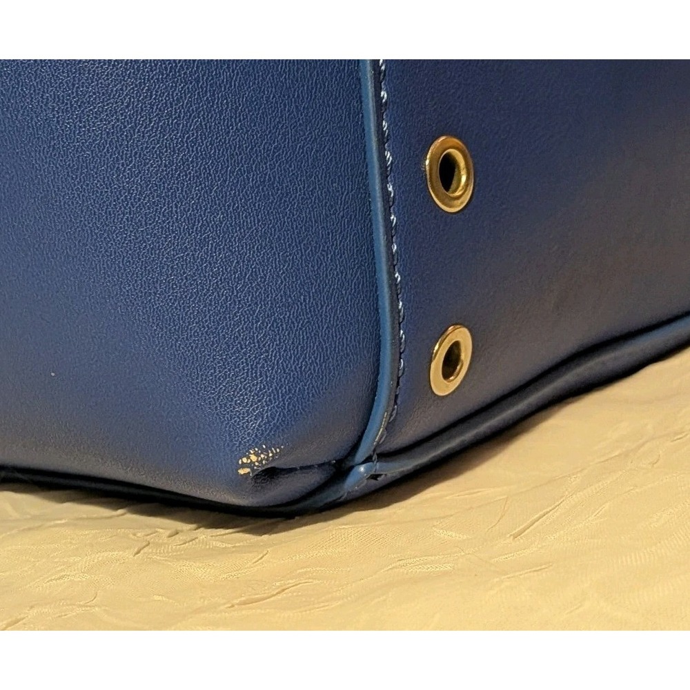 French Connection Purse Blue Faux Leather Bag Tote Grommets Double Handle - Picture 11 of 16